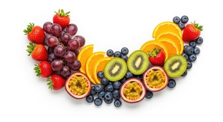 A vibrant assortment of fresh fruits arranged in a semi circle isolated on white background