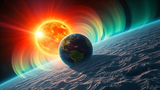 A painterly solar corona explosion with rippling aurora energy cascading toward a small blue planet.