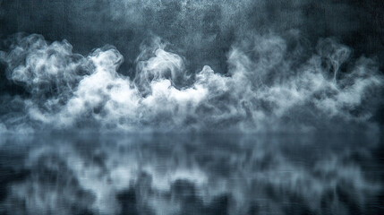 Hyperrealistic vapor cloud hovering over a metallic laboratory surface, evoking scientific experimentation, futuristic technology, chemistry, and a clean, high-tech experimental environment.