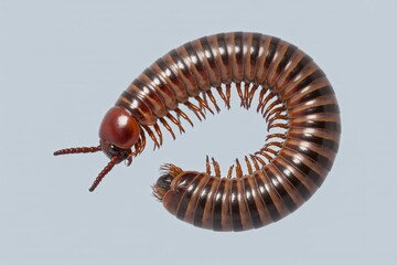 Close-up studio shot of a brown millipede curled into a C-shape, showcasing its segmented body and numerous legs on a light gray background, ideal for educational or nature-themed projects.