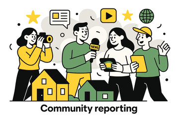 Obraz premium Grassroots Journalism Scene. Community reporting. A group of reporters with glowing devices standing near small houses, abstract floating news icons and stars