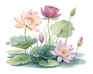Watercolor Lotus and Lily Pond Scene Illustration isolated on white background