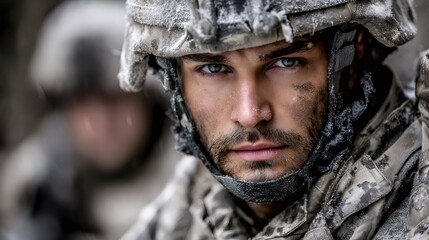 Obraz premium Soldier in winter combat helmet showing battle readiness