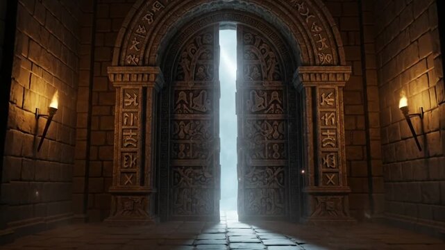 Ancient Temple Entrance with Divine Light Beam.