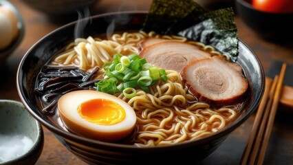 Steaming bowl of ramen noodles, pork, egg, seaweed