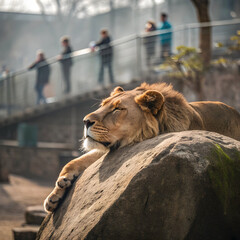 lion resting on rock with blurred zoo visitors in