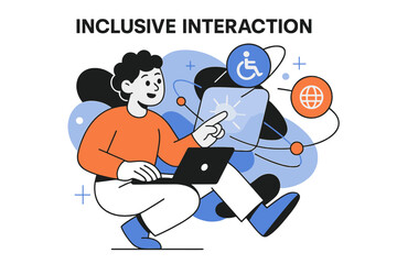 Inclusive Remote Work. Inclusive remote work opportunities. Character interacting with glowing virtual