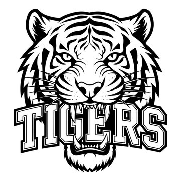 Tiger Head Mascot with Tigers Text Black and White Line Art, Sports Team Logo, Wild Animal