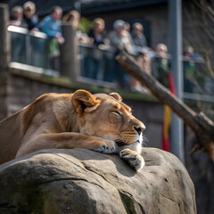 lion resting on rock with blurred zoo visitors in