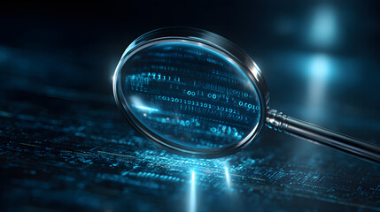 Magnifying glass analyzing binary code data cybersecurity
