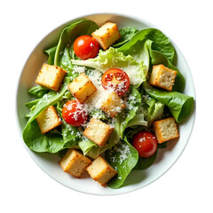 Fresh Caesar salad with romaine lettuce, golden croutons, Parmesan cheese on white bowl top view isolated on transparent background