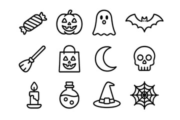 Trick-or-Treat Icons. Trick or treat elements. Line icon set of Trick or treat elements: candy, jack-o?-lantern, ghost, bat, broomstick, candy bag, moon,
