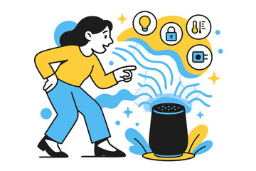 Smart Speaker Interaction. Voice assistants. A character speaking to a glowing smart speaker with floating waves, stars, and icons showing control of home