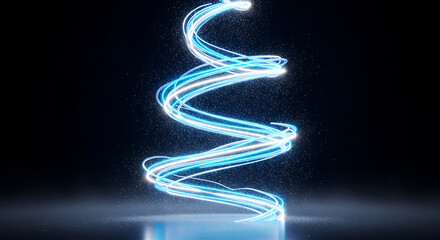 Abstract representation of a glowing, spiraling DNA double helix against a black background.