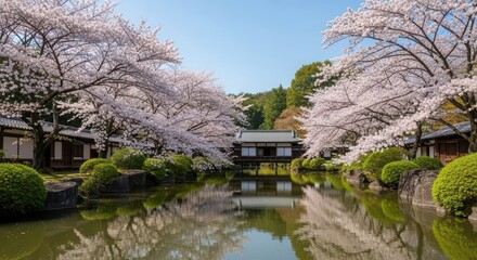 Serene japanese garden with cherry blossoms reflecting in water isolated on white background