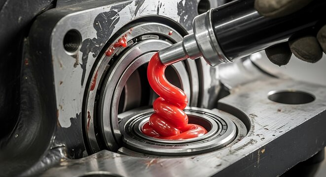 Red grease lubricating machine bearings.