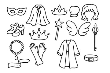 Theatrical Costume Sketch. Costume. Hand-drawn doodle illustration costume mask, cape, tiara, wig, stage shoes, crown, wand, wings, jewelry, gloves, robe,
