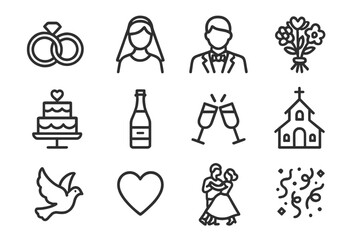 Naklejka premium Wedding Icons Grid. Wedding celebration. Line icon set of wedding celebration: wedding rings, bride, groom, bouquet, wedding cake, champagne bottle, clinking