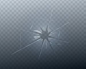 Realistic cracked glass texture with broken mirror and bullet hole effect. Transparent 3D shattered screen background with debris and sharp edges. Perfect for crash, repair, or vandalism design.