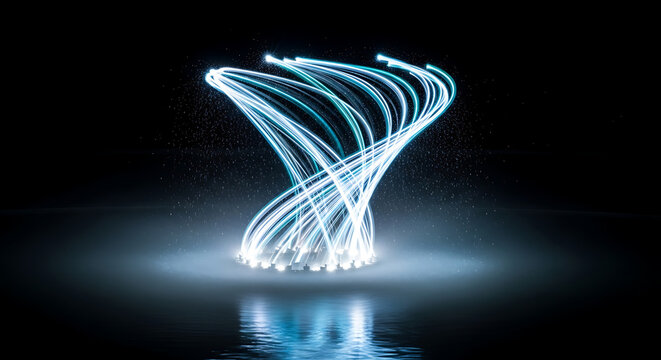 Abstract representation of a glowing, spiraling DNA double helix against a black background. - Powered by Adobe