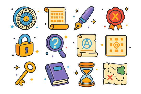 Isometric Secret Code Icons. Secret Codes. Colorful isometric vector icons set of secret codes: cipher wheel, scroll, ink pen, wax seal, lock, magnifying
