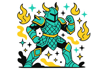 Mythical Dragon Armor. Dragon armor. A glowing suit with dragon-scale patterns, abstract floating flames and stars showing strength and mythical origins.