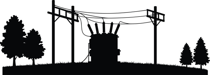 Naklejka premium Silhouette of electrical power transformer station with wooden utility poles, power lines and trees on grassy field, rural energy infrastructure vector illustration