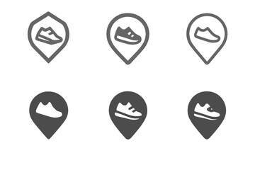 Shoe Locator Logos. Looking for your shoes. Set Logo of Looking for your shoes: Shoe locator app pin. harmonious logo variations of the same emblematic