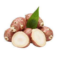 Pile of Jerusalem artichokes with one cut in half and a green leaf sunchoke root