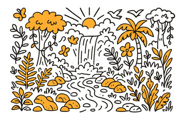 Tropical Stream Doodle. Exotic Stream. Hand-drawn doodle illustration exotic stream waterfall (accented), lush trees, ferns (accented), vines, tropical