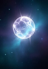 Fototapeta premium Celestial sphere glowing in nebulous cosmic space with radiating energy fields and sparkling stellar lights
