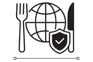 Global food safety concept with fork knife shield and globe isolated on white background