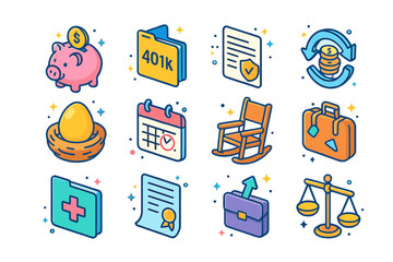 Retirement Planning Icons. Colorful isometric vector icons set of retirement planning: piggy bank, 401k folder, pension plan document, annuity icon, golden