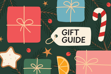 gift guide written on price tag surrounded by gift boxes; perfect for holiday promotions, Christmas shopping campaigns, festive banners-vector illustration