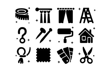 Obraz premium Measuring & Fitting Icons. Measuring & Fitting. Solid icons set of Measuring & Fitting: Measuring Tape, Curtain Rod, Curtain Panel, Ladder, Hook, Pin, Roller,
