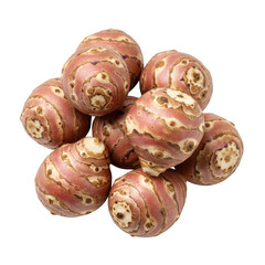 Pile of raw sunchokes with pinkish brown skin and markings Jerusalem artichoke