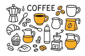 Obraz premium Coffee Essentials Doodle. Coffee. Hand-drawn doodle illustration coffee coffee cup (accented), espresso maker, coffee beans (accented), mug, takeaway cup