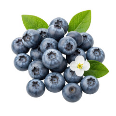 Pile of ripe blueberries with green leaves and a flower blueberry fruit
