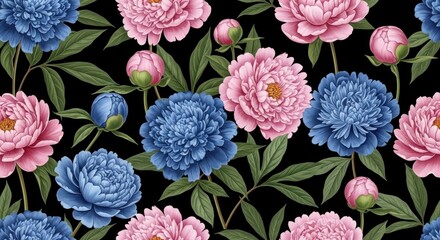 A vibrant seamless pattern of large, detailed pink and blue peonies, buds, and green leaves against a dark background