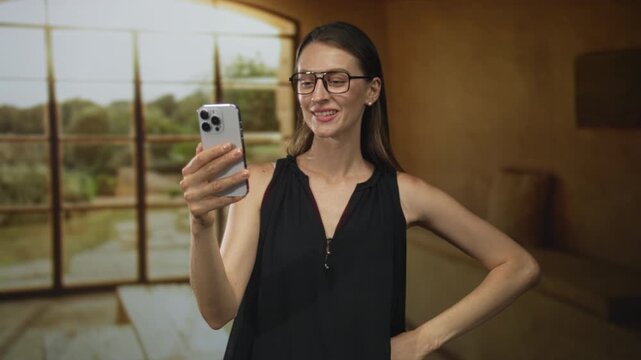 Woman holding smartphone and blowing a kiss with hand to mouth in living room building while smiling; affection connection. - Powered by Adobe