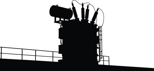 Silhouette of high voltage power transformer on platform with insulators and cables, industrial electricity equipment vector illustration, energy distribution and infrastructure concept