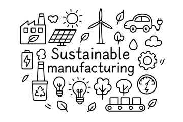 Naklejka premium Sustainable Manufacturing Doodle. Sustainable manufacturing. Hand-drawn doodle illustration of Sustainable
