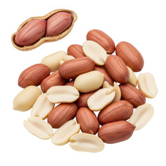 Pile of shelled and unshelled peanuts with red brown skins and kernels legume food