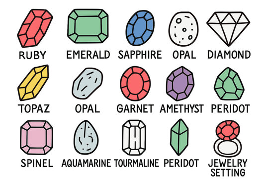 Colorful Gem Doodle. Gemstones. Hand-drawn doodle illustration gemstones ruby (accented), emerald (accented), sapphire (accented), diamond, topaz (accented),