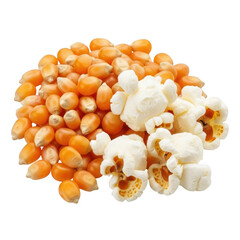 Pile of unpopped corn kernels and fluffy popcorn against snack food