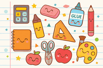 Fototapeta premium cute cartoon illustration of school supplies