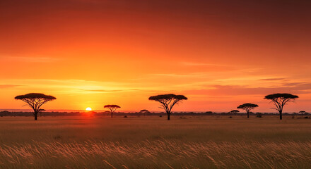 Vibrant African Sunset over Serengeti Savannah with Silhouetted Acacia Trees