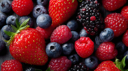 Obraz premium Fresh mixed berries including strawberries blueberries raspberries and blackberries