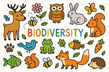 Naklejka premium Colorful Wildlife Doodle. Biodiversity. Colorful Hand-drawn doodle Children illustration Deer, owl, rabbit, fox, frog, turtle, butterfly, flower, paw print,