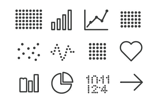 Dot Display Icons. Dot display graphics. Line icon set of Dot display graphics: pixel grid, bar chart, line graph, scatter plot, waveform, LED